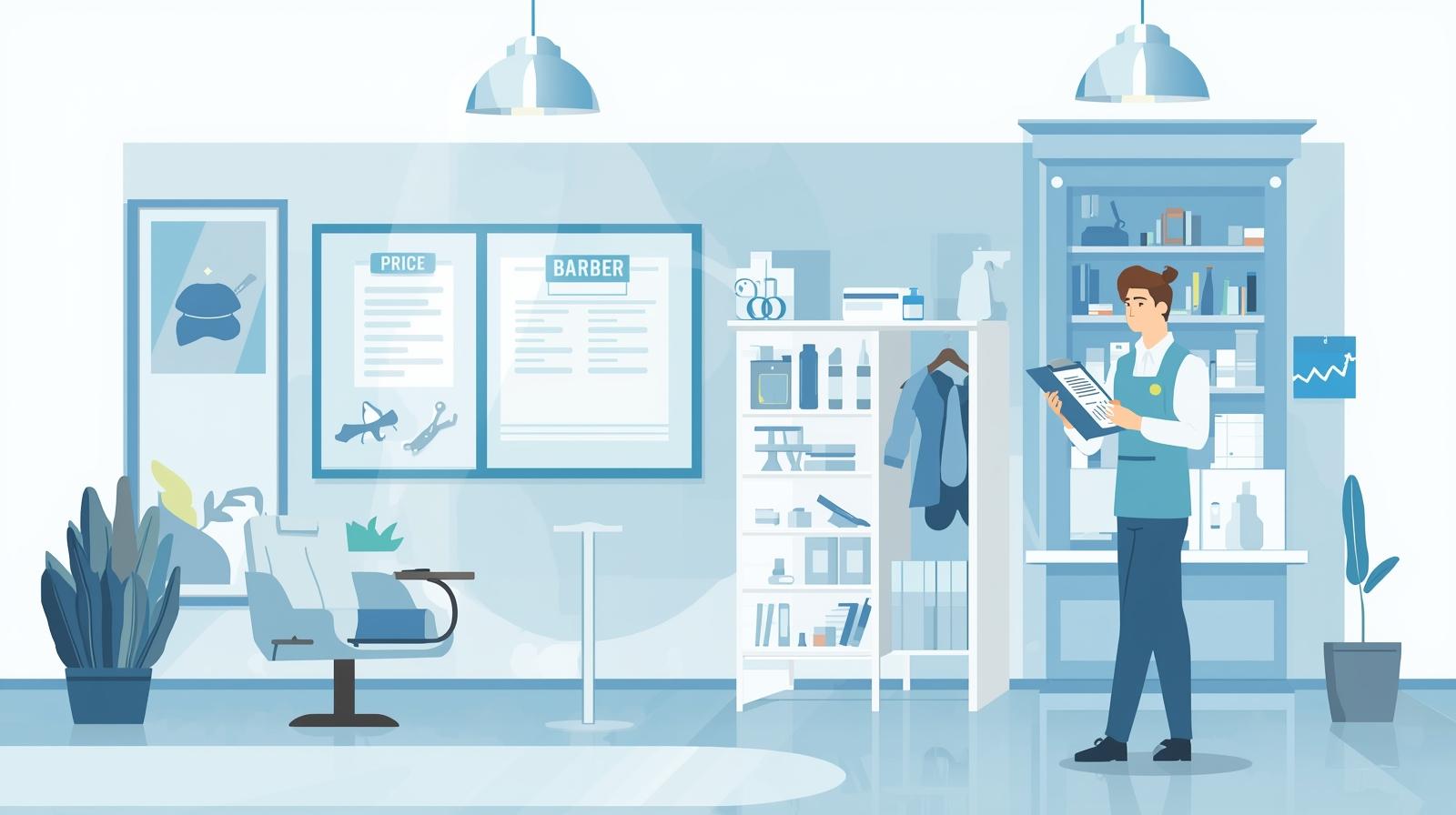 Barbershop vérifiant diplômes et affichage des prix avant contrôle